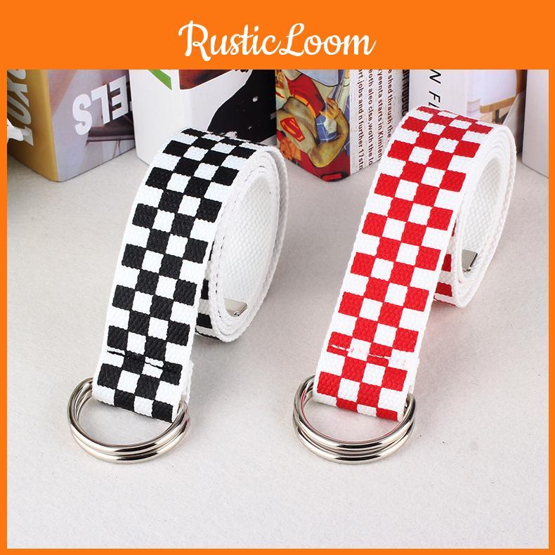 Printed Canvas Grid Belt And Double Loop Buckle Made Of Nylon Woven Material