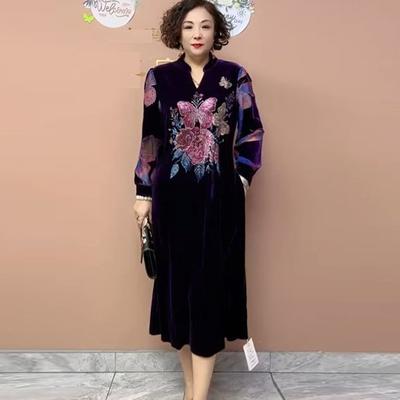 High-end Women's Velvet Dress Plus Size Long Dress Rhinestone Printed Loose Flocked A-Line Dress Spring Autumn