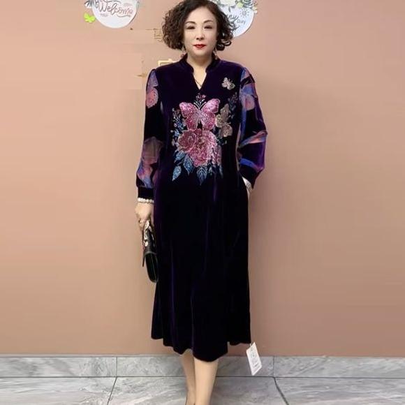 High-end Women's Velvet Dress Plus Size Long Dress Rhinestone Printed Loose Flocked A-Line Dress Spring Autumn