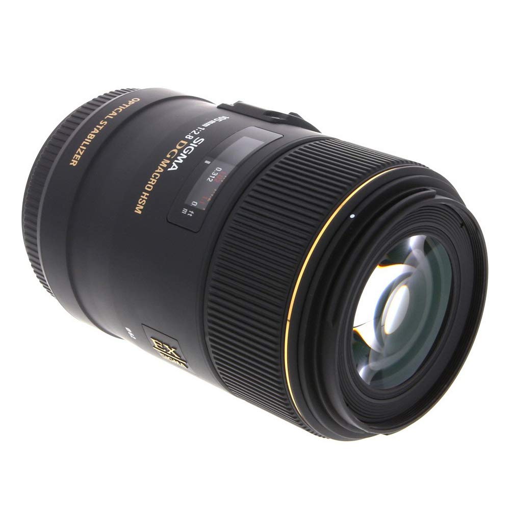 Sigma 105mm EX DG OS HSM MACRO lens for Nikon fixed focal F2.8 F-mount, length, telephoto, full-frame DSLR.