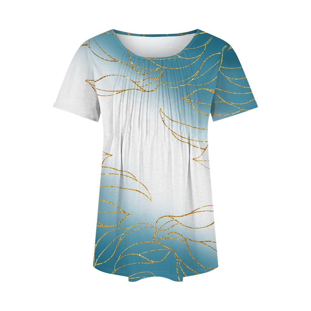 Modisches, lässiges, plissiertes T-Shirt mit Rundhalsausschnitt und Farbverlauf-Print für Damen
