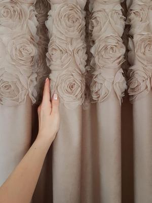 Velvet Curtain with Roses, Beige, 130x250 Cm - Velvet, Gathering Tape