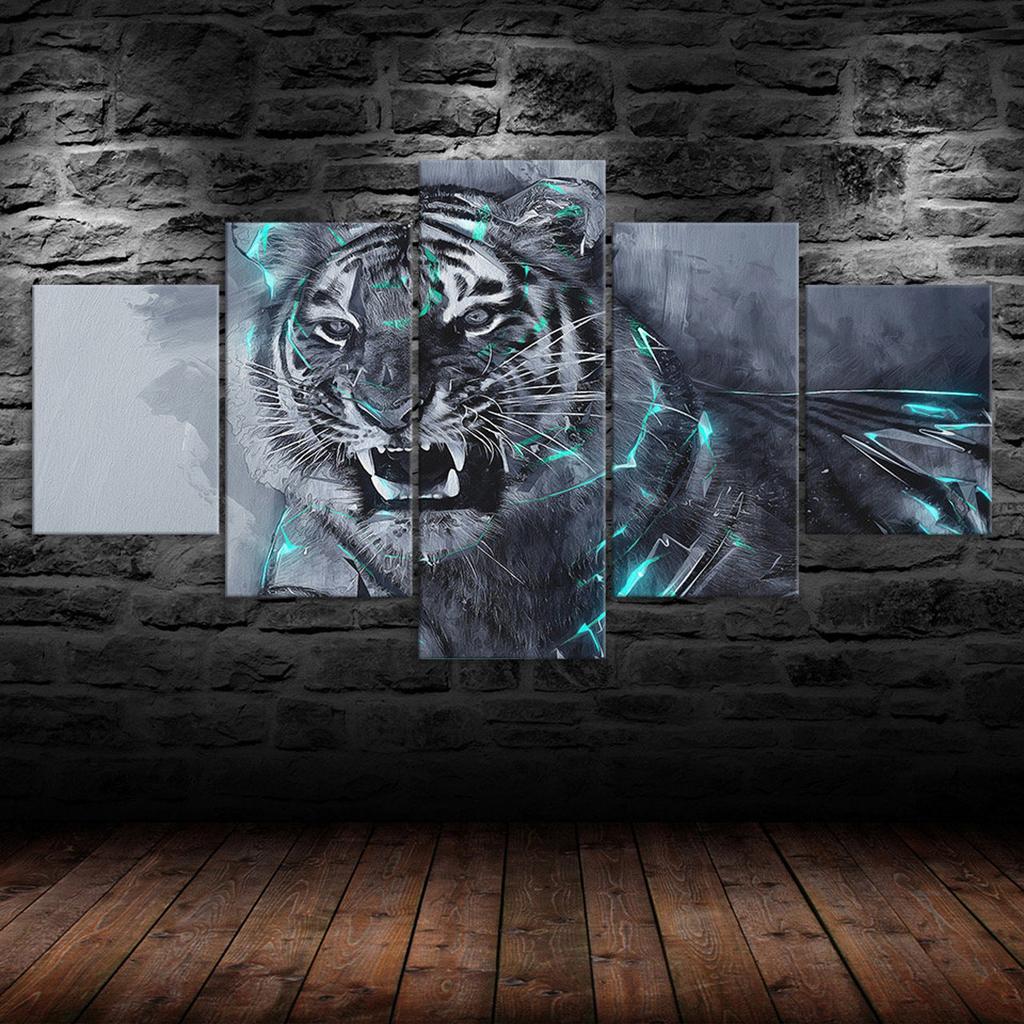 Brüllender Weißer Tiger Tierische Abstrakte Szene 5-teilig Fünf-Panel Wandleinwand Druck Modernes Kunstposter Bild Heimdeko Geschenk Für Ihn Für Sie