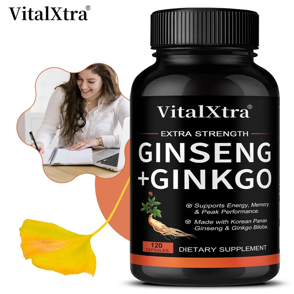 VitalXtra Ginseng + Ginkgo Capsules, Extra Strength, Korean Panax Ginseng Root with Ginkgo Biloba Extract, 120 Caps