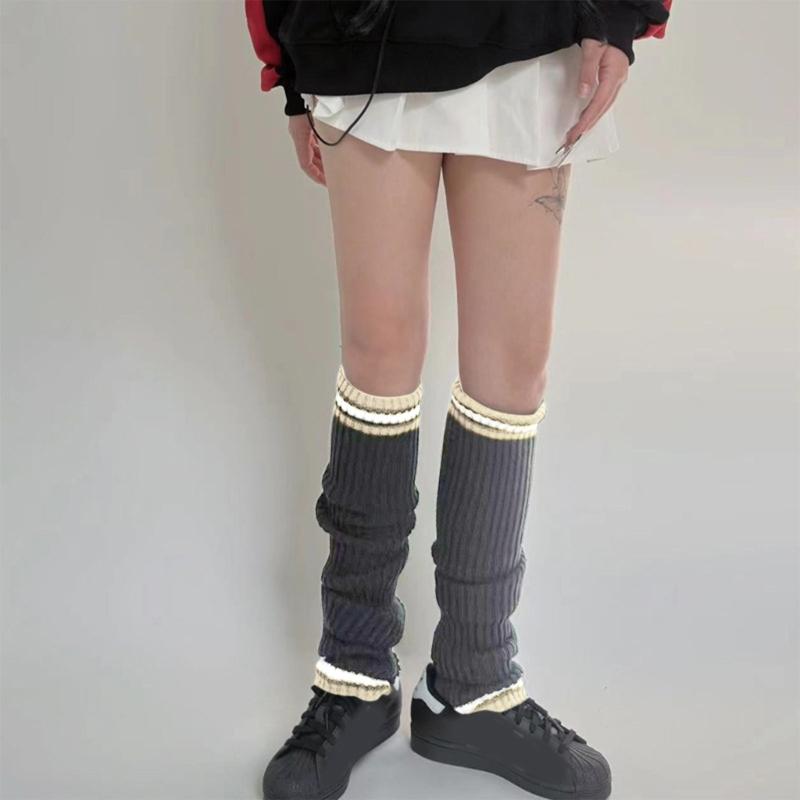 Student Vintage Double Striped Ribbed Knit Leg Warmers Slouch Leg Covers Boot Cuffs Stretchy Long Boot Socks for Women