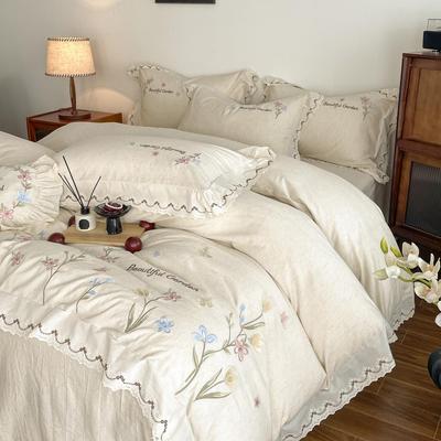 A-Class French Luxury Princess Style Cotton-Linen Embroidered Lace Four-Piece Bed Set with Duvet Cover