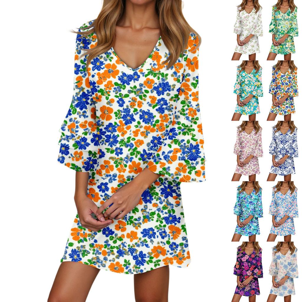 Women's Casual Fashion Floral Print V-Neck Loose 3/4 Sleeve Dress