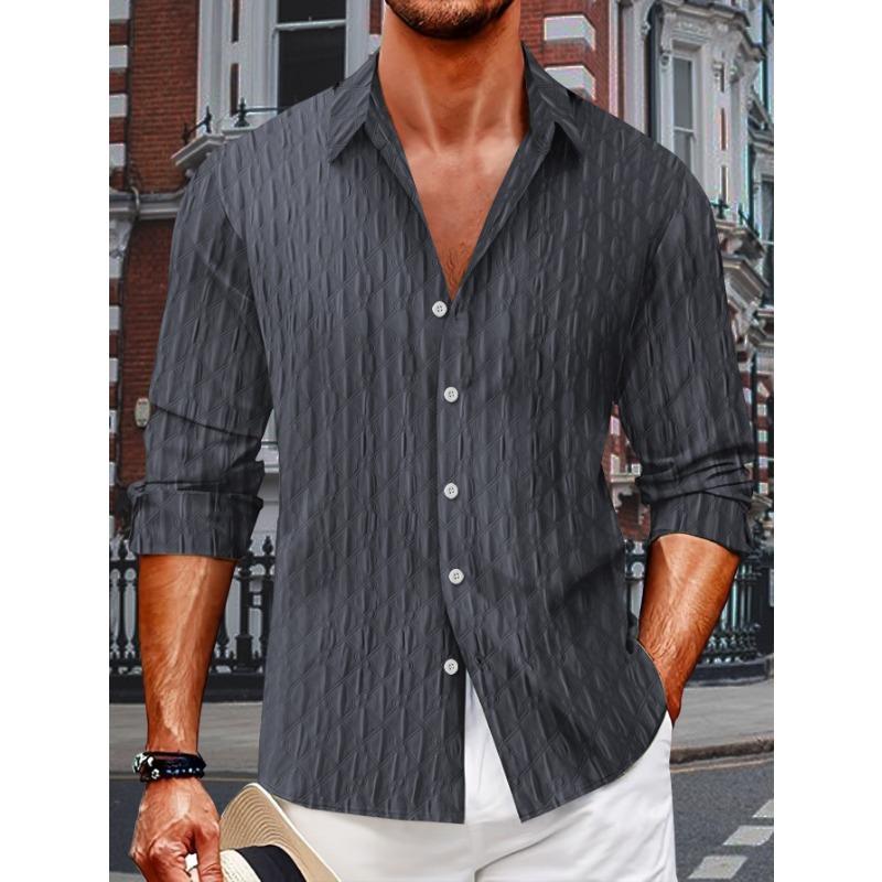 Camisa de Manga Larga a Cuadros Jacquard con Cuello Camisero de Solapa de Botón Único