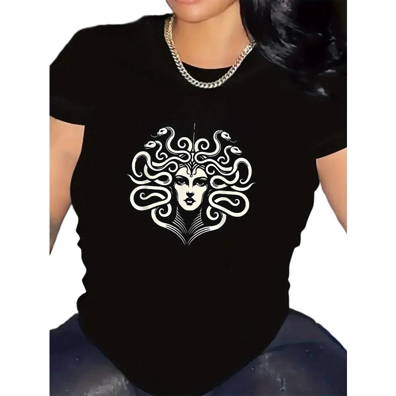 

Women Greek Medusa Mythology Print T-Shirt - Short Sleeve Round Neck Casual & Athletic Top with Gorgonia Face, Medium-Stretch Fabric Suitable for Gym S чёрный