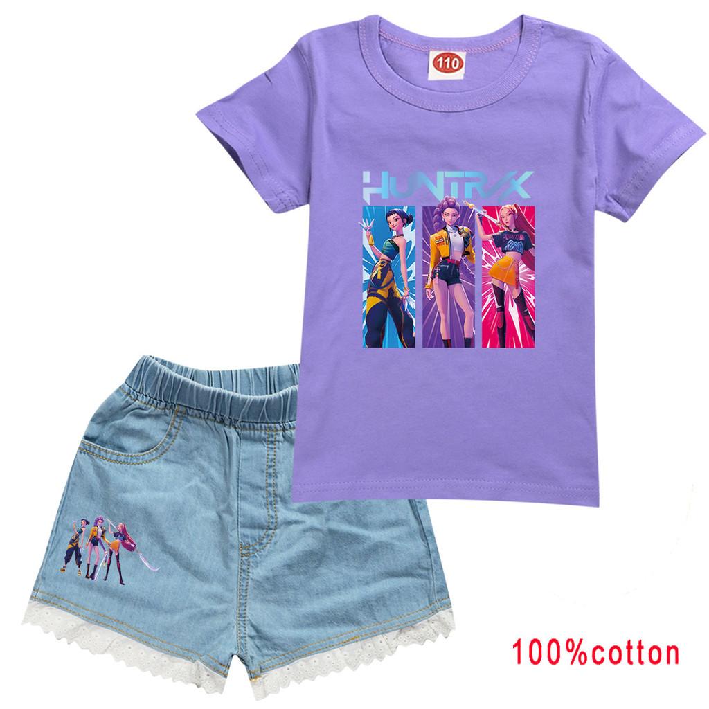 

Детская Девочка Аниме Мультфильм Суперзвезда Руми Зои Мира ПОП Певица Принт Хлопковая Футболка с Коротким Рукавом Джинсовые Шорты Комплект Одежды 140cm