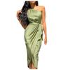 Fashion Womens Color Irregular Sloping Shoulder Waistband Slimming Dress