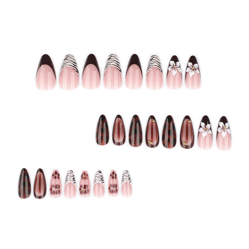 French Red Press-on Nails: Zebra Stripe & Tortoiseshell Leopard Print with Flower Design.