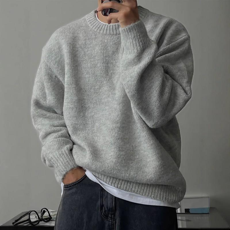 Mens Solid Color Oversized Round Neck Knit Sweater Warm Thick Casual Winter Top