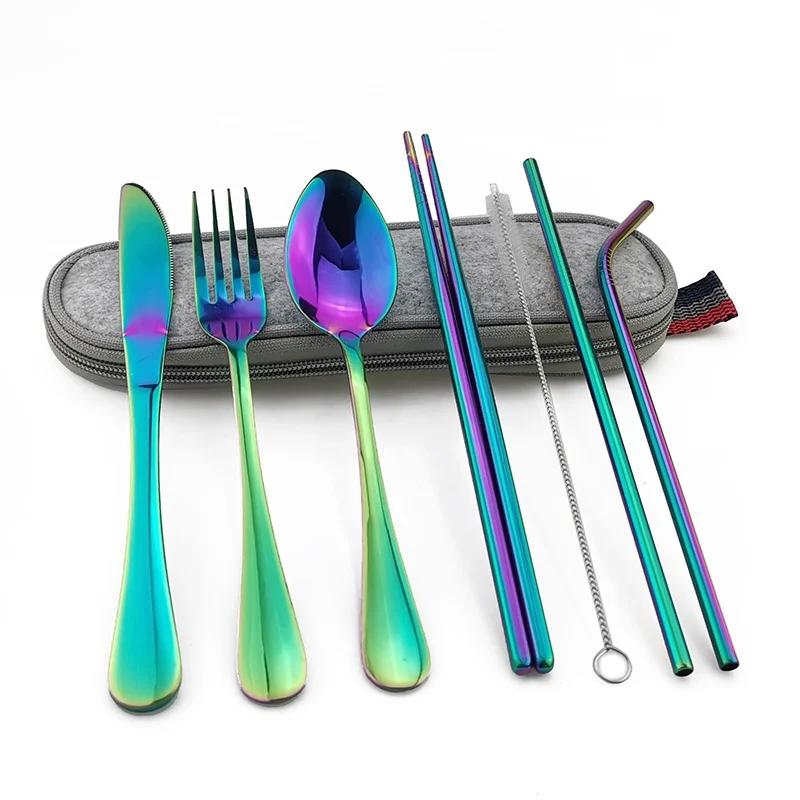 Dinnerware Travel Camping Cutlery Set Reusable Straw Spoon Fork Chopsticks Portable Case Multicolor Kitchen Tableware Tools