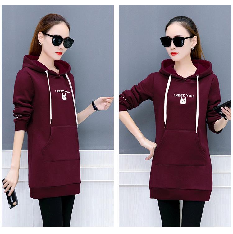 Women's Hooded Long Sleeve Tunic Hoodie Oversized Elegant Commuter Letter Embroidery Fleece Lined Mid Length Sweatshirt