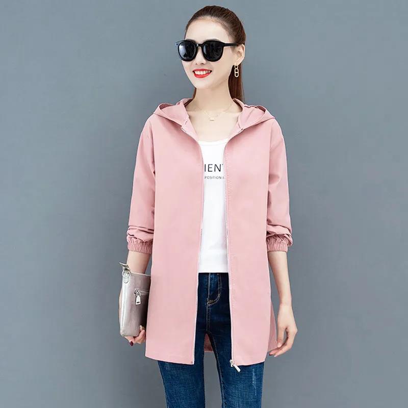 WTEMPO Hooded Windbreaker Women's Mid-length Coats Spring Sunscreen Clothing Female Korean Loose Large Size Baseball Uniforms