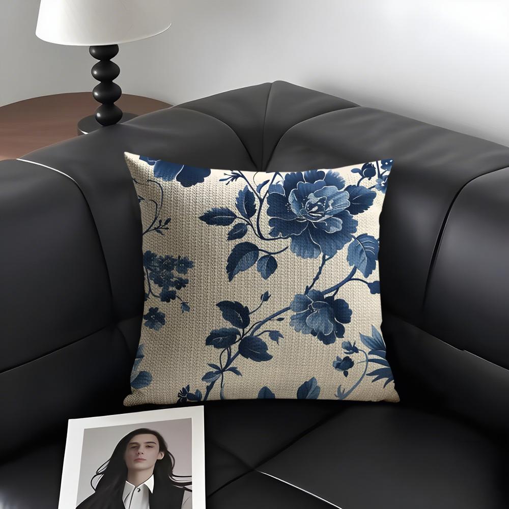 Blue Pattern Hot Cushion Cover Natural Linen Organic Fabric DoubleSided Printing Sofa Home Decor Gift Pillow Case