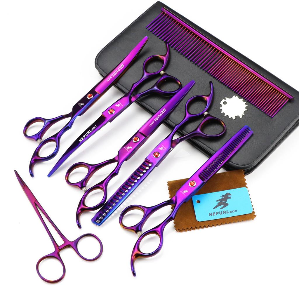 7.0-Inch Plated Color 5-Piece Pet Grooming Scissors Set: Straight, Curved Shears, Fishbone, Fine Teeth Shears, and Grooming Comb