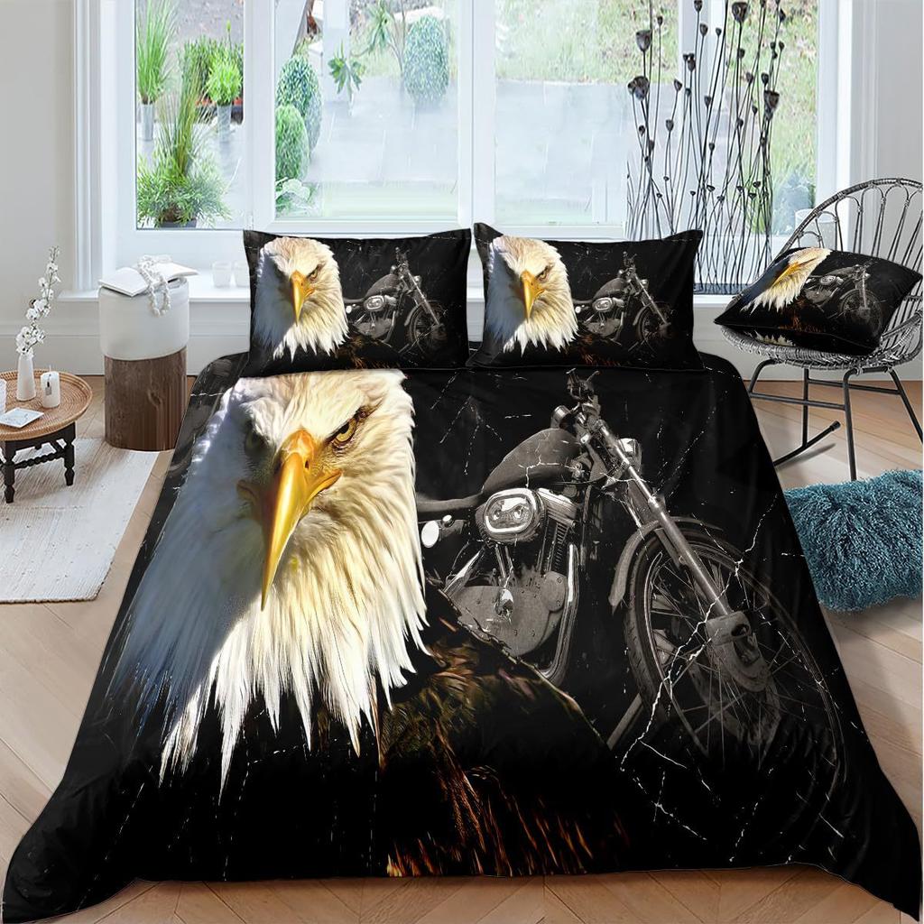Motorcycle Eagle Printed Duvet Set Bedding Set With Pillowcase Quilt Cover Three-Piece Set