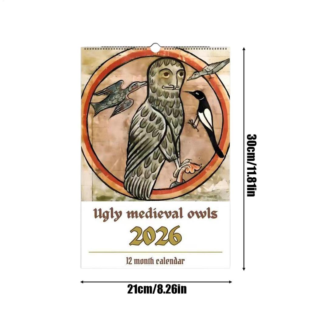 2026 Kalender Mittelalterliche Eulen Terminplaner Monatliche Wandkalender für Freunde Familie Wohnzimmer Arbeitszimmer Wohnung