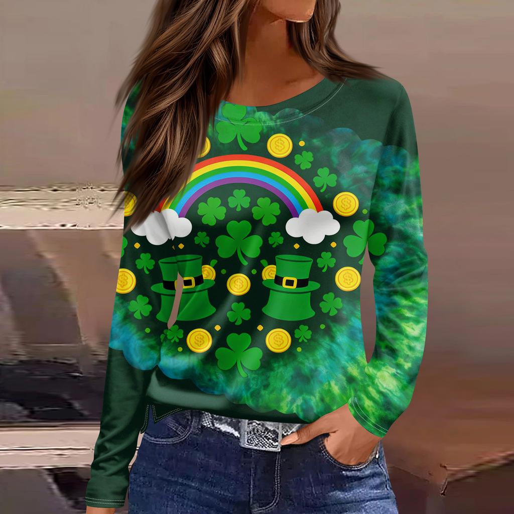 Damenmode Lässig Schlitz Saum Rundhals Langarm Lose Bedrucktes T-Shirt Damen Top