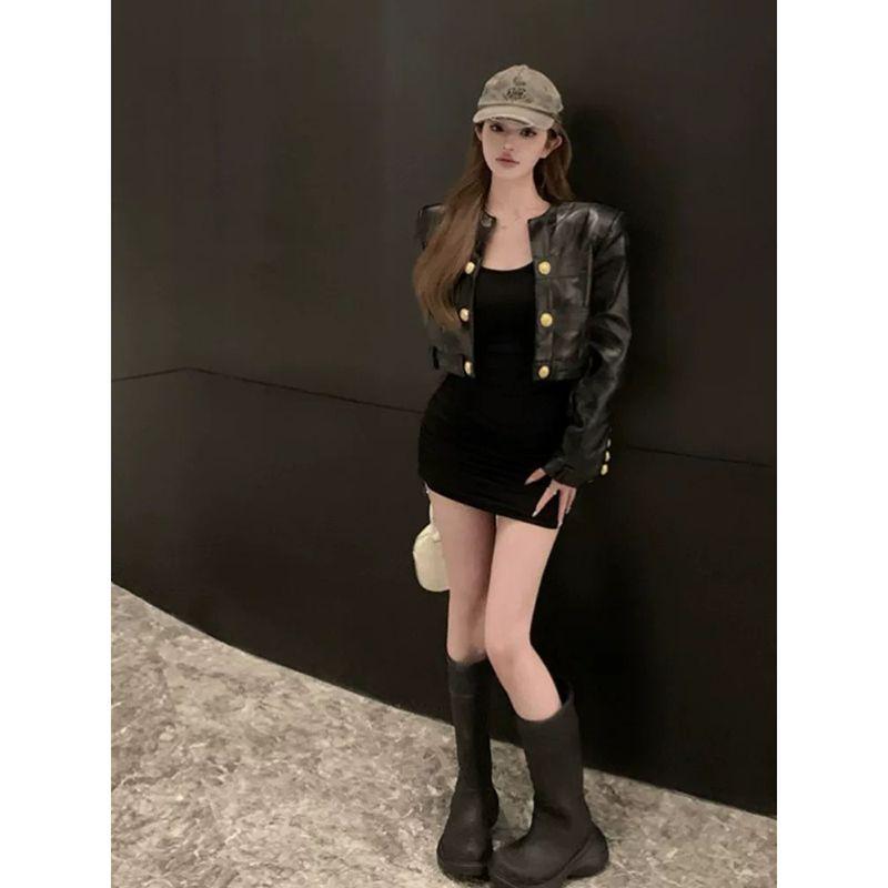 Women's Black Leather Cardigan: French Style, Loose Fit, Long Sleeve Short Jacket