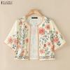 ZANZEA Women Bohemian Floral Print Open Front Cropped Half Sleeve Vintage Casual Holiday Tops Blouse