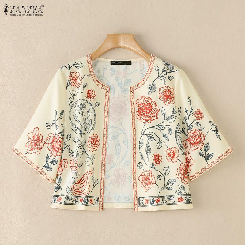 ZANZEA Women Bohemian Floral Print Open Front Cropped Half Sleeve Vintage Casual Holiday Tops Blouse