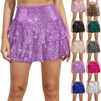 Moda Feminina Cor Sólida Plissada Saia Midi Com Lantejoulas Sexy Saia Curta
