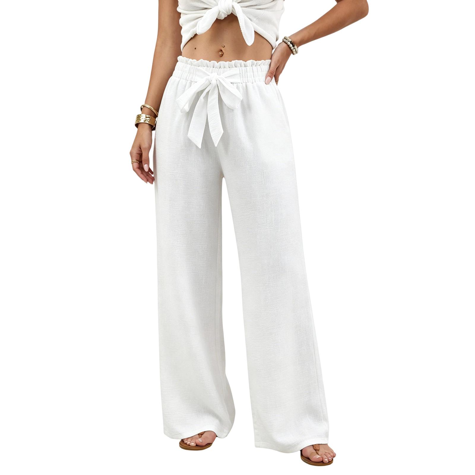 Women s Casual, Loose-Fit, High-Waisted Cotton-Linen Trousers With Side Pockets L белый