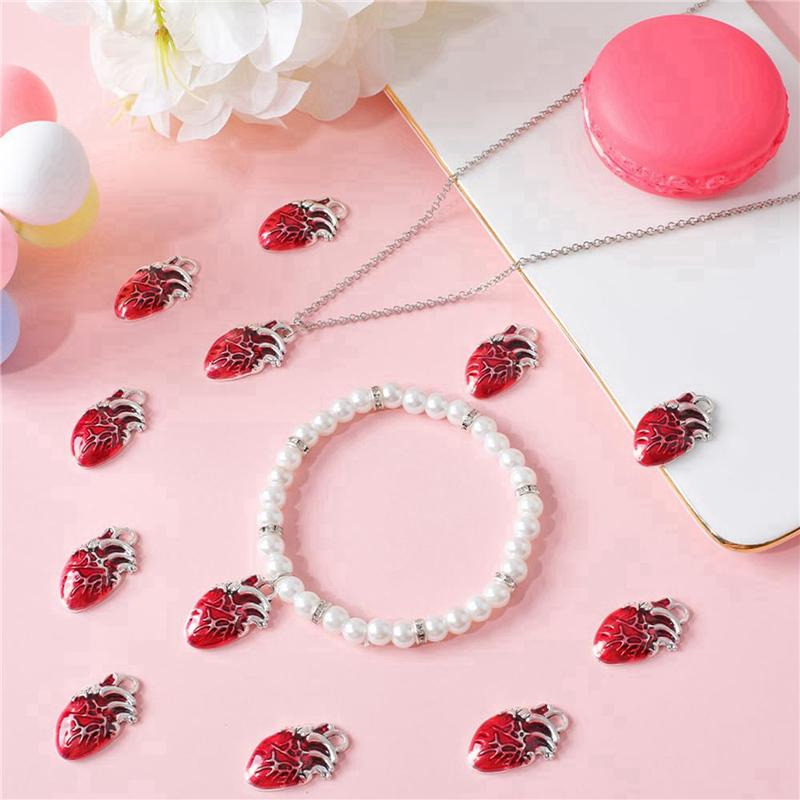 

60Pcs Heart Charms Bulk Alloy Anatomical Charms Red Enamel Metal Antique Silver Gothic 3D Organ Hearts Halloween Charms