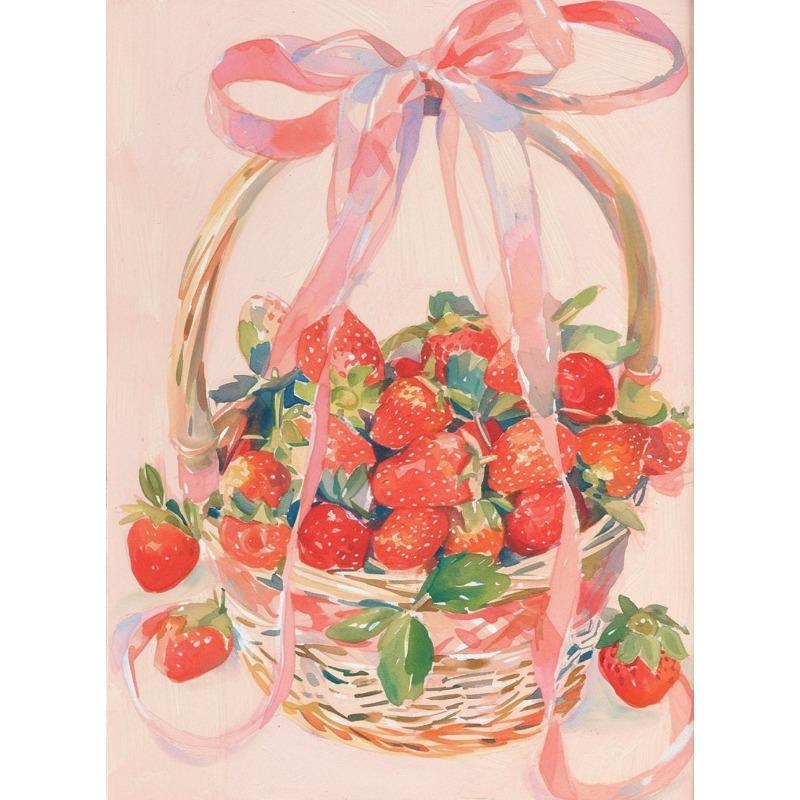Pastel Strawberry Basket Watercolor Poster Cake Desserts Canvas Painting Trendy Wall Art Girly Kitchen Room Home Decor Mural