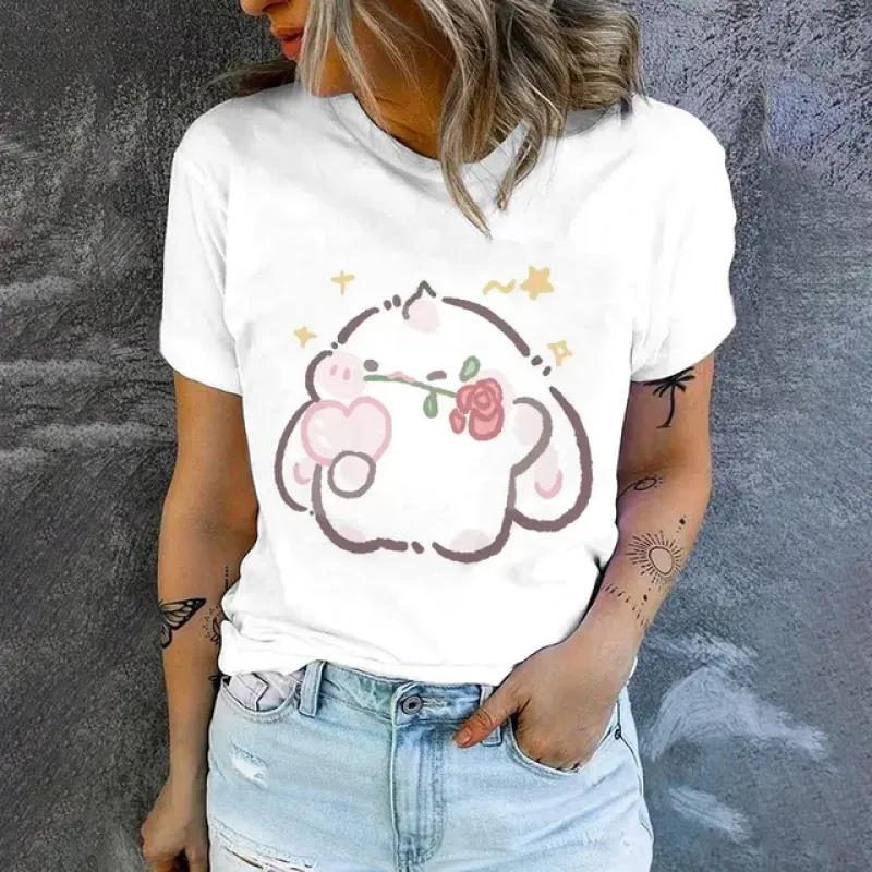 Women's High Quality T-shirt Cartoon Cat Pattern Print T-shirt Fashion Print T-shirt Elegant Women's Short Sleeved T-shirt