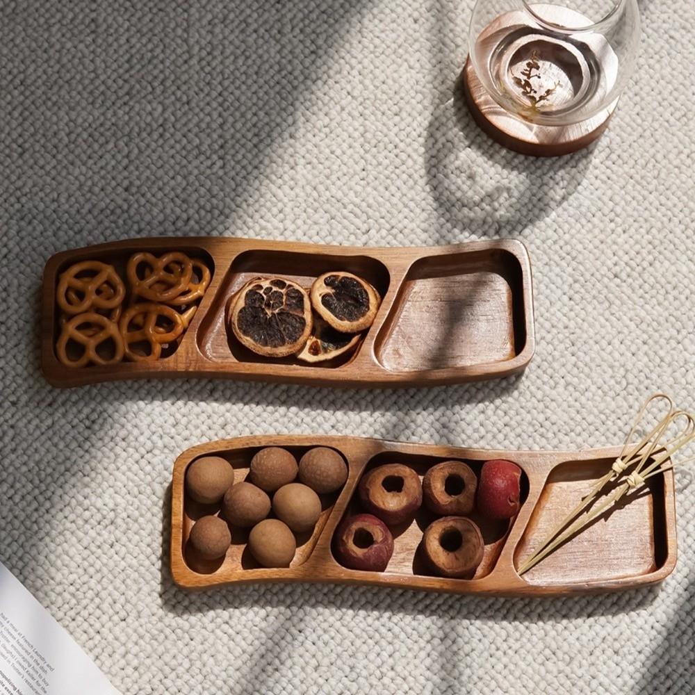 3/4 Compartments Wooden Snack Tray Portable Nut Platter Candies Tray  Living Room