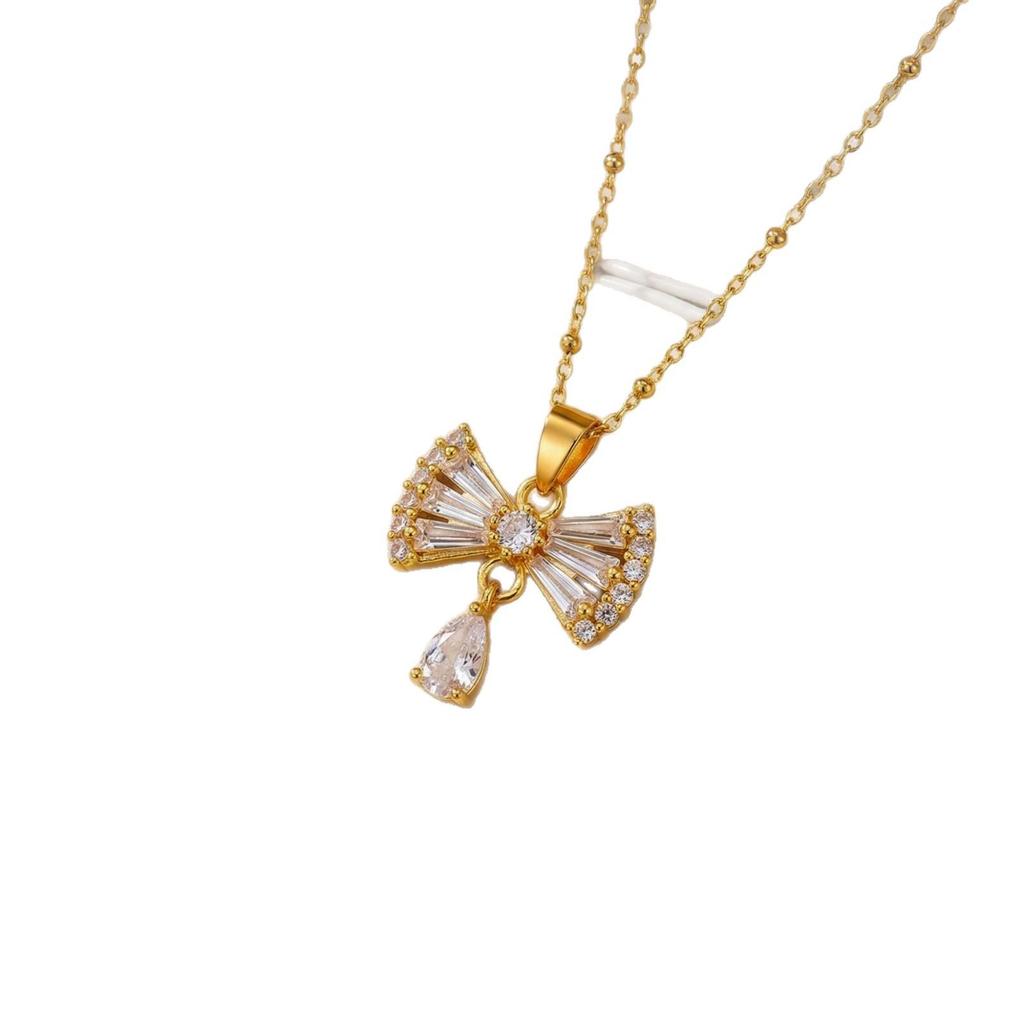 Super Sparkle Zirconia Bow Pendant Necklace, 18K Colorfast Elegant Fashion Jewelry