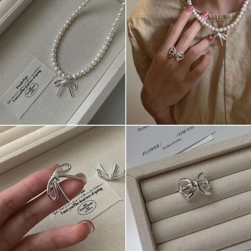 Lovely Bowknot Jewelry Set Dainty Necklace Ear Studs Rings Accessory Elegant Neckchains Earrings Rings Charm Adornment
