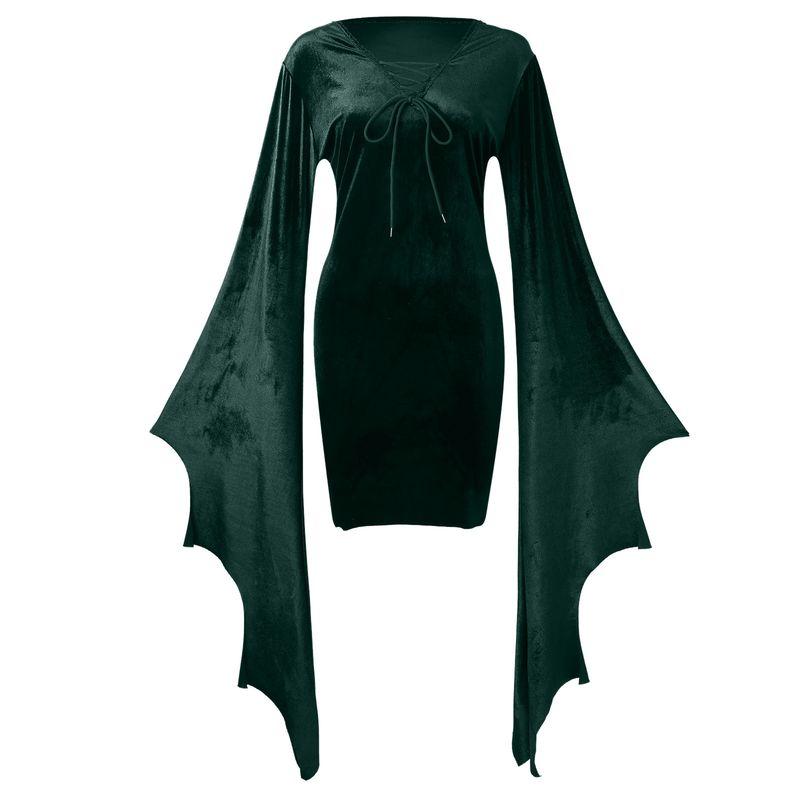 

Fashion Christmas Halloween Fall V-neck Silm Gold Velvet Solid Color Lace-up Irregular Long Sleeve Dress Women Green S (52.50 kg-65.00 kg