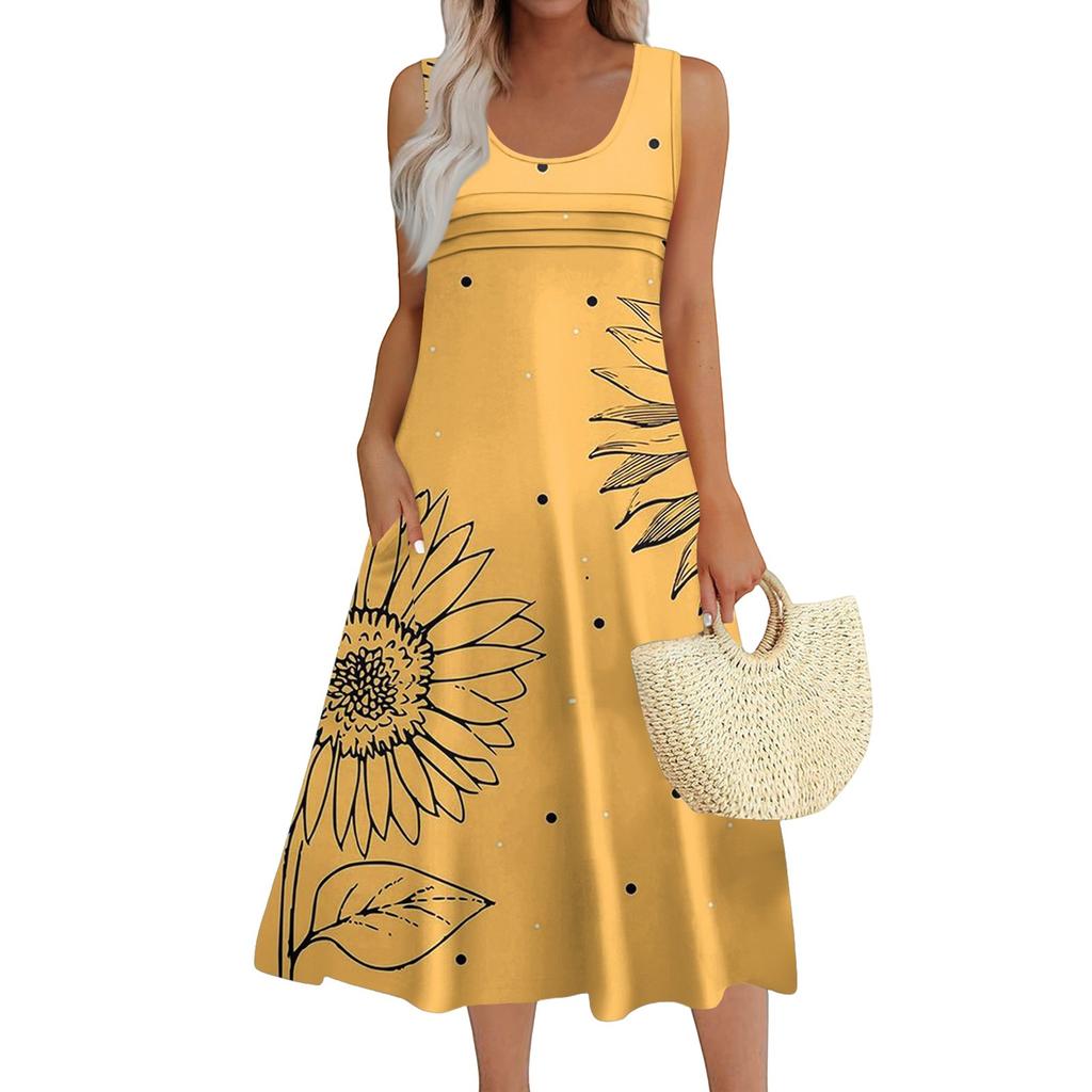 Women's Fashion Round Neck Sleeveless Pleated Beach Dress With Pockets Long Floral Dresses