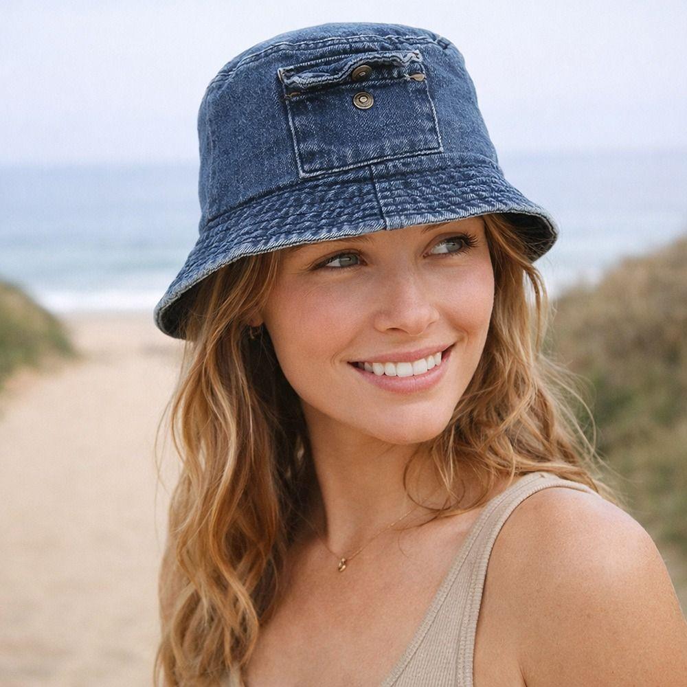 Fashion Cotton Denim Bucket Hat Sun Protection Casual Fisherman Hat Breathable Sunhat Outdoor Travel