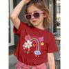 Girls Crewneck Short Sleeve Tee, Cute Cartoon Rainbow Floral Ladybug Print Casual Kids Top