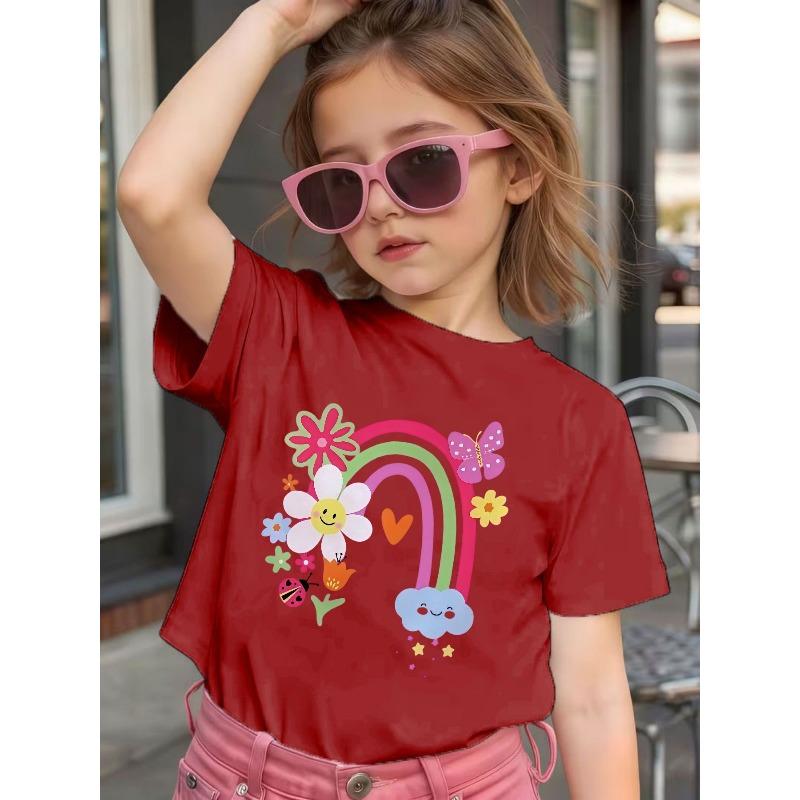 Girls Crewneck Short Sleeve Tee, Cute Cartoon Rainbow Floral Ladybug Print Casual Kids Top