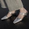 Fashion 2025 Summer Women Mules Genuine Leather Women Shoes Pointed Toe Low Heel Slippers Cover Toe Slingback Sandals Metal Buckle Shoe