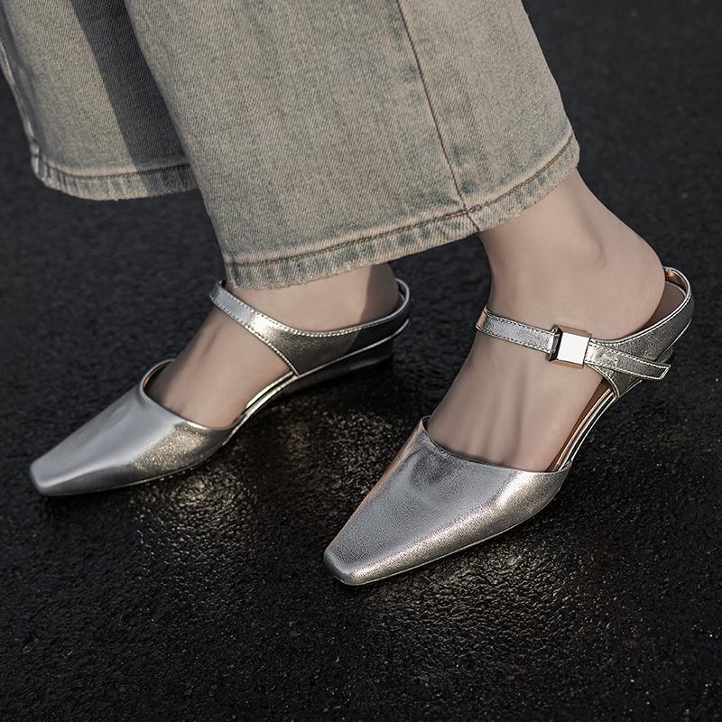 Fashion 2025 Summer Women Mules Genuine Leather Women Shoes Pointed Toe Low Heel Slippers Cover Toe Slingback Sandals Metal Buckle Shoe