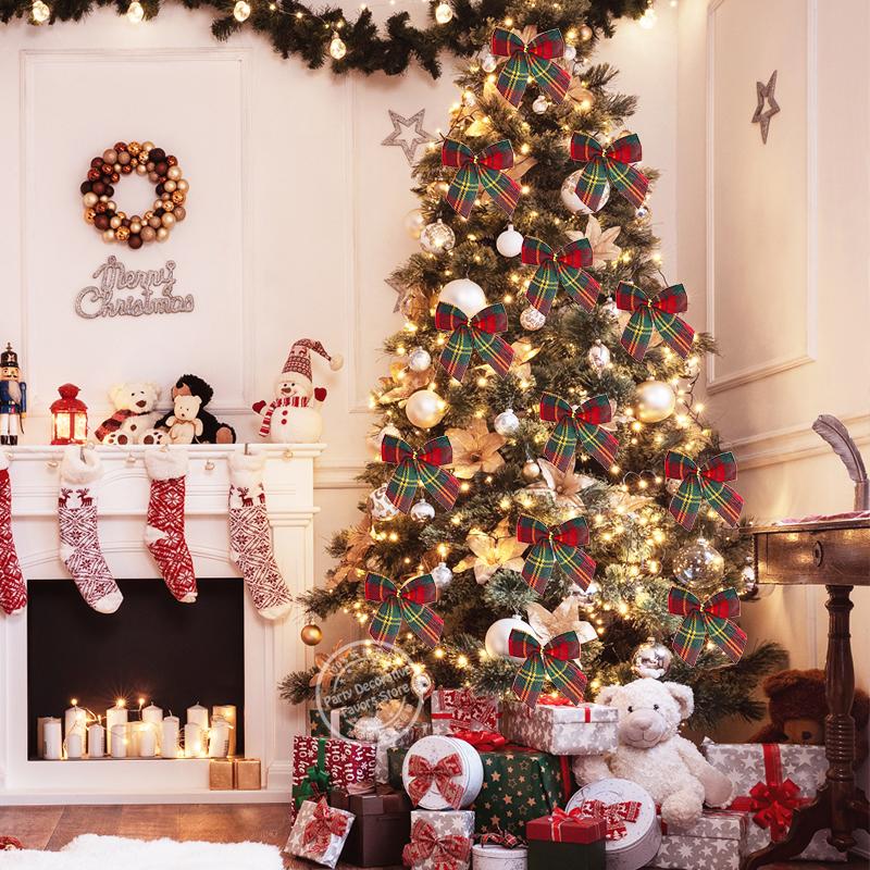 10/20Pcs Christmas Bows Xmas Tree Hanging Ornament Decorations for Home DIY Wreath Bowknot Noel Navidad 2024 New Year Gift Wrap