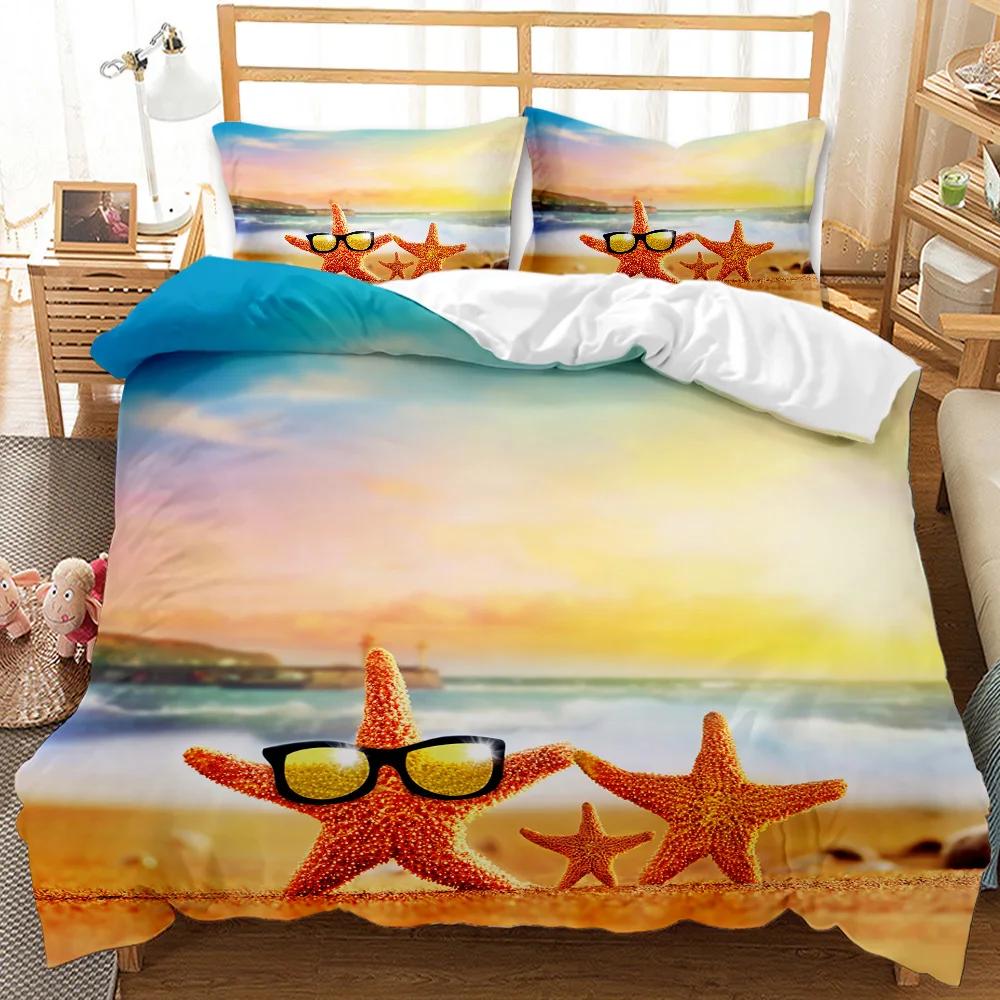 Beach Duvet Cover Set Summer Ocean Bedding Set Hawaiian Marine Sea Waves 3D Print Starfish Polyester Comforter Cover Queen King