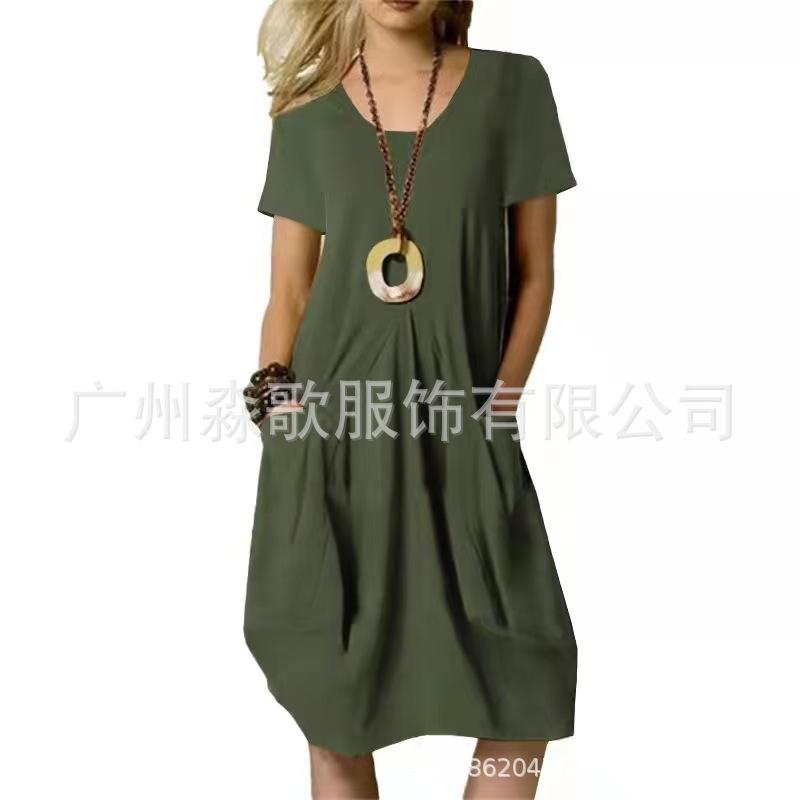 

Однотонное платье из хлопка и льна с накладным карманом, круглым вырезом и короткими рукавами 5XL армия зеленый