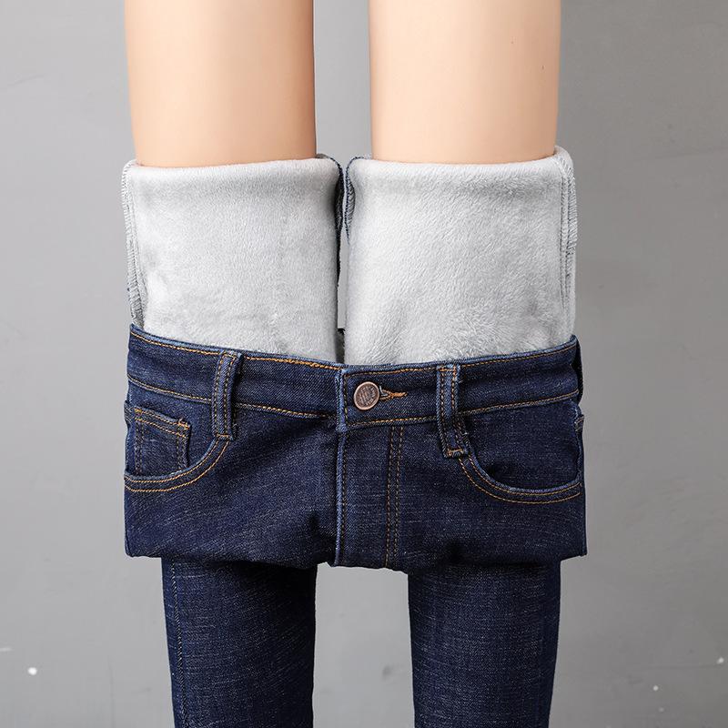 Women Thermal Jeans Winter Snow Warm Plush Stretch Jeans Lady Skinny Thicken Fleece Denim Long Pants Retro Pencil Trousers