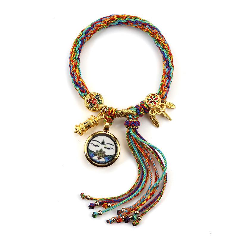 Woven Zhakiram Five Wealth Gods Eye Bracelet with Green Tara and Manjushri Thangka Design