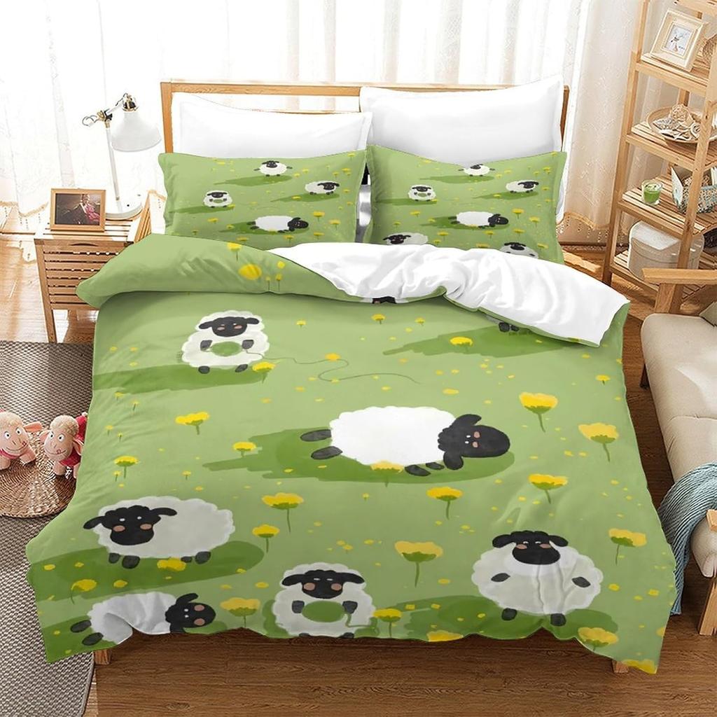 3D Print Soft Microfibre Cute Sheep Family Comforter Cover All Season Bedding Set With Pillowcases, Cartoon Duvet Cover Sets