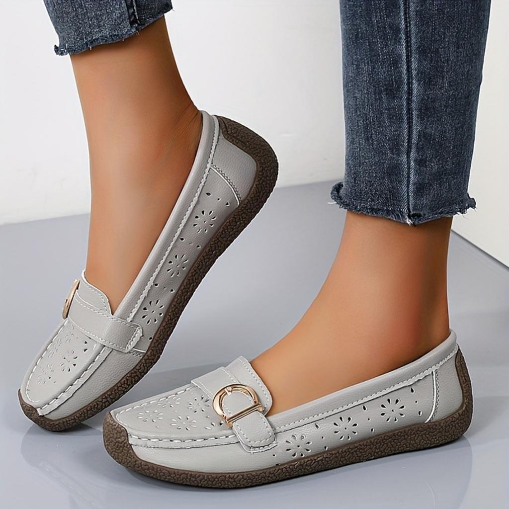 Ladies' Breathable White One Foot Loafers - Gold Buckle, Lightweight Casual Summer Shoes, Comfortable Daily Wear, Fashionable and Durable